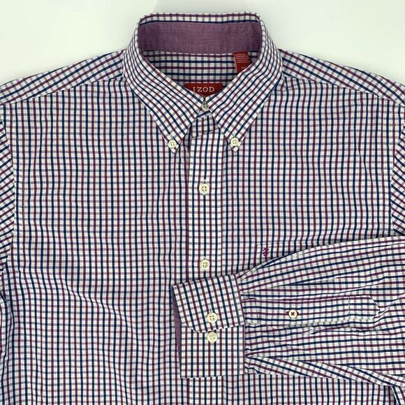 Izod Other - IZOD White Blue Purple Check Flip Cuff Long Sleeve Button‎ Up Men's Shirt Size S